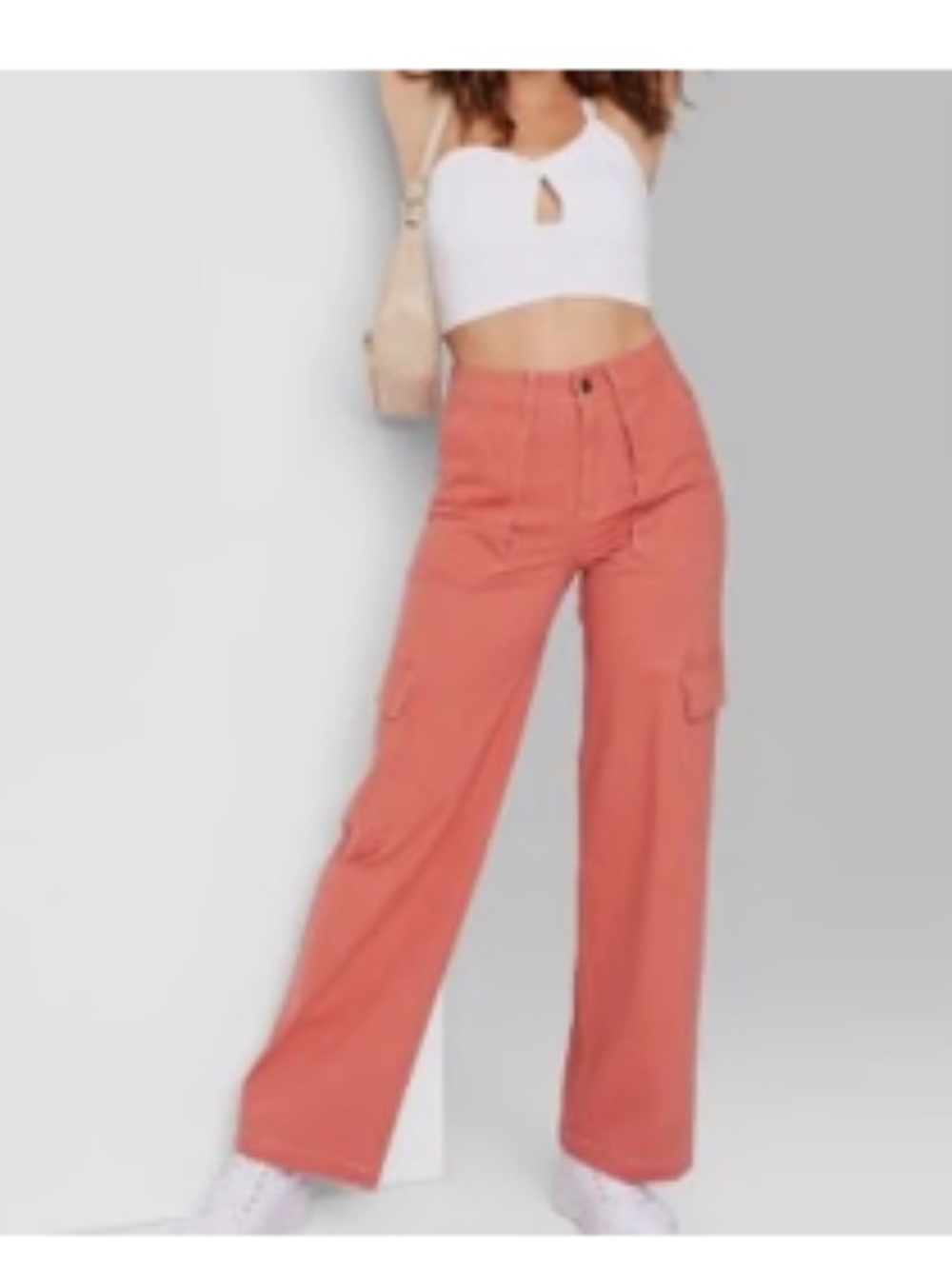 Wide-Leg Cargo Pants in Coral - Women's Orange Contrast Stitching XS NEW Wild